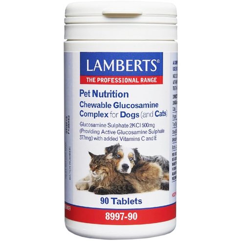 Lamberts Glucosamine Complex for Dogs & Cats Хранителна добавка с глюкозамин и витамини C & E за поддържане на доброто здраве на ставите при домашни кучета & котки 90 дъвчащи таблетки
