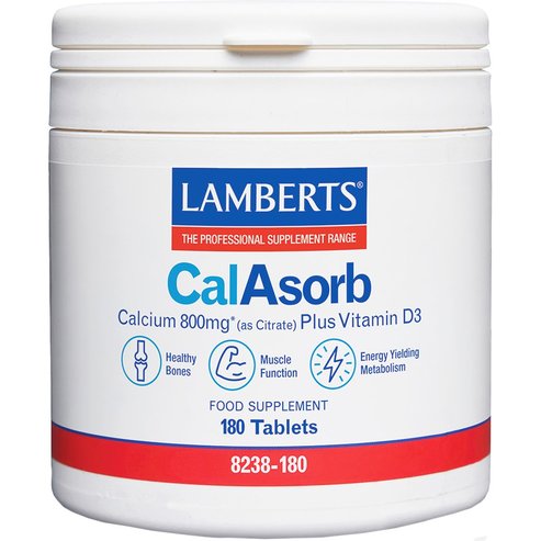 Lamberts CalAsorb Calcium 800mg & Vitamin D3 6μg Хранителна добавка с калций под формата на цитрат и витамин D3 за максимално усвояване и добро здраве на костите 180tabs