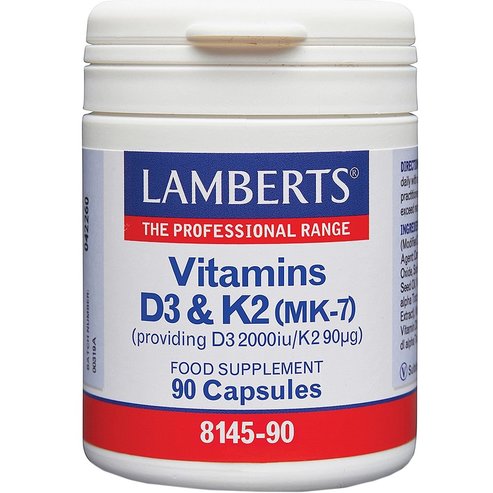 Lamberts Vitamins D3 2000iu & K2 90µg Витамин D3 и K2 (MK-7) - хранителна добавка с естествен произход, високо качество за подкрепа на костите и имунната система. 90caps