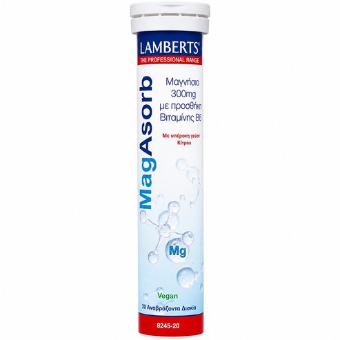 Lamberts MagAsorb 300mg Хранителна добавка с магнезий и витамин B6 за тонус, енергия и подпомагане на мускулната функция с вкус на цитрон 20 Effer.Tabs