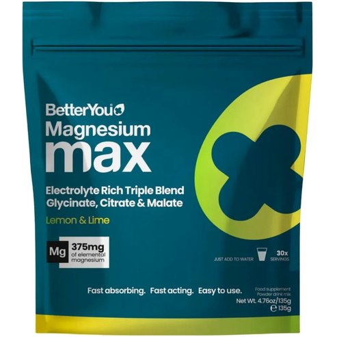 BetterYou Magnesium Max 3in1 Powder Хранителна добавка с формула с магнезий с високо съдържание & бионаличност срещу умора & за подобряване на мускулната ефективност 135g - Lemon & Lime Flavour