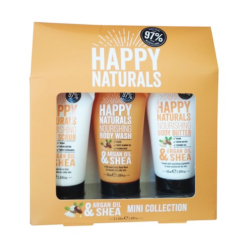 Happy Naturals Argan Oil & Shea Mini Collection, Подаръчна опаковка 3 Мини продукта за грижа за тялото 3x50ml