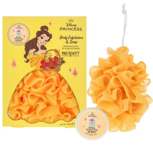 Mad Beauty Promo Disney Princess Body Exfoliator & Peony & Cherry Blossom Soap 100g,Ексфолираща Гъба за Тяло & Хидратиращ Сапун, Вдъхновен от Belle с Аромат на Божур & Цвят на Череша
