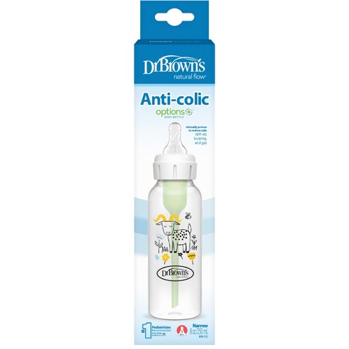 Dr. Brown’s Anti-colic Options+ Spit-up, Burping & Gas Код SB81107 пластмасово бебешко шише, специално проектирано да намалява коликите & рефлукса, причинени от храненето при бебета 250ml - Goat