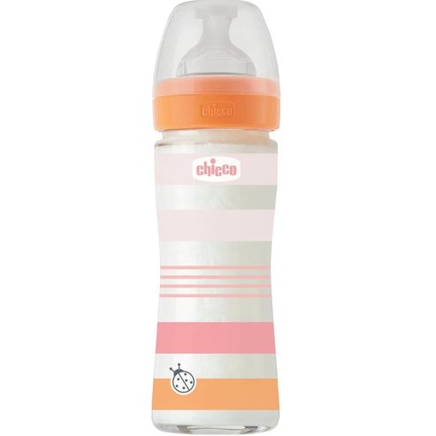 Chicco Well-Being Girl Стъклена бебешка бутилка със зърно с бавен поток 0m+ оранжево - розово 240ml