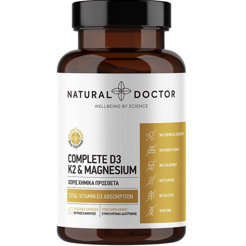 Natural Doctor Complete D3, K2 & Magnesium хранителна добавка с витамини D3, K2 и магнезий за поддържане на нормалната функция на костите, зъбите, мускулите и имунната система 60caps