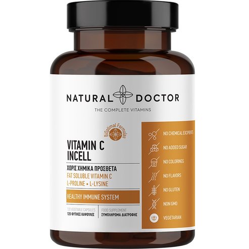 Natural Doctor Vitamin C Incell Хранителна Добавка с Витамин C & Аминокиселини за Подпомагане на Имунната Система & Нормалното Образуване на Колаген 120veg.caps