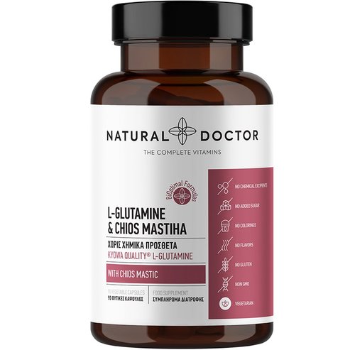 Natural Doctor L-Glutamine & Chios Mastiha хранителна добавка с аминокиселина глутамин и мастиха от Хиос за подпомагане функцията на червата и по-добро храносмилане 90 veg.caps