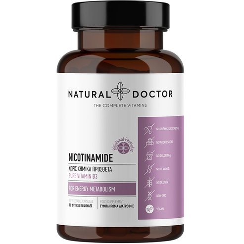 Natural Doctor Nicotinamide Добавка с витамин B3 като Ниацин амид за подкрепа на метаболизма на въглехидратите и мазнините, здравето на нервната система и намаляване на мазнините при акне 90veg.caps