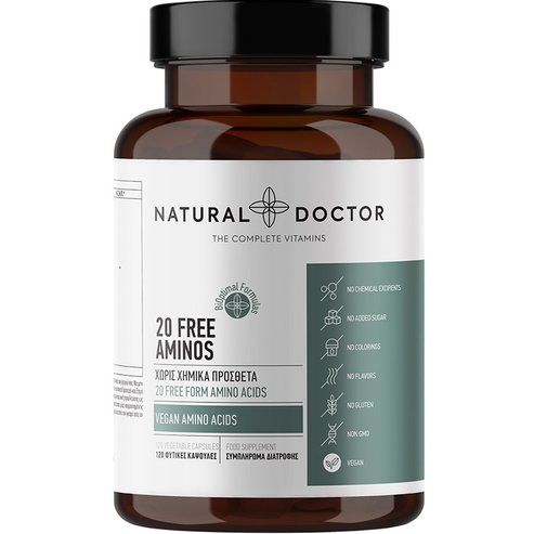 Natural Doctor 20 Free Aminos Добавка с 20 растителни аминокиселини за енергия, естествено мускулно възстановяване и справяне с хронична умора 120 веган капсули