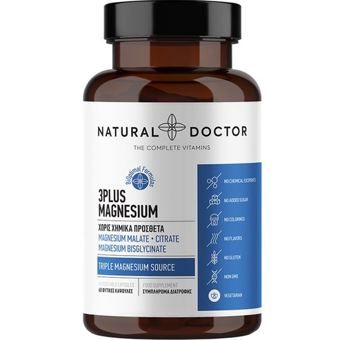 Natural Doctor 3Plus Magnesium Хранителна добавка с магнезий в 3 форми за нормалната функция на нервната и мускулната система & справяне със стреса 60veg.caps