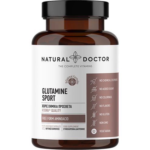 Natural Doctor Glutamine Sport Добавка с аминокиселината глутамина от високо качество за възстановяване на мускулите след физическо изтощение, интензивни тренировки или стресови периоди 120 вег. капс
