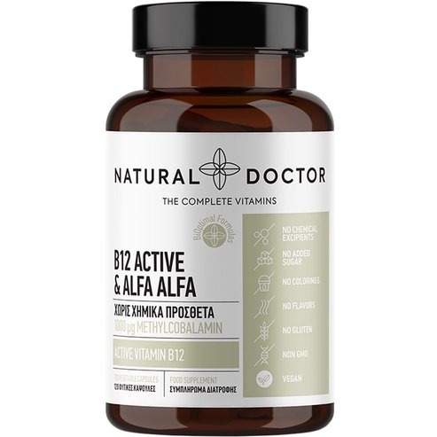 Natural Doctor B12 Active & Alfa Alfa Добавка с витамин В12 и прах от люцерна за добро функциониране на нервната система, срещу умора и изтощение 120 вег. капс
