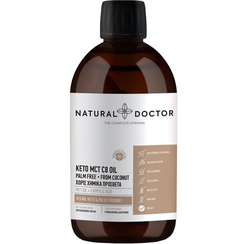 Natural Doctor Keto MCT C8 Oil Хранителна добавка с чисто масло от средноверижни триглицериди (MCT) от кокосово масло за активиране на процеса на кетоза в организма без вкус 500ml