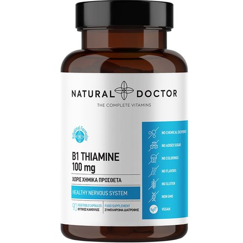 Natural Doctor B1 Thiamine 100mg Диетична добавка с Витамин B1 (Тиамин) за нормалното функциониране на нервната система, сърцето и за повишаване на настроението 90veg.caps