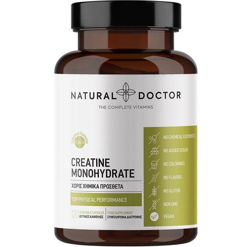 Natural Doctor Creatine Monohydrate Хранителна добавка с креатин монохидрат за повишаване на физическата ефективност при повторения на упражнения с кратка продължителност и висока интензивност 120veg.caps
