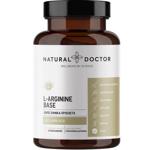 Natural Doctor L-Arginine Base Добавка с аминокиселината аргинин свободна форма за подобряване на кръвообращението, повишаване на спортни постижения и мускулно възстановяване 120 веган капсули