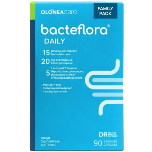 Olonea Bacteflora Daily Family Pack Хранителна добавка с пребиотици & метабиотици за подпомагане на чревния микробиом & нормалното функциониране на червата 90caps