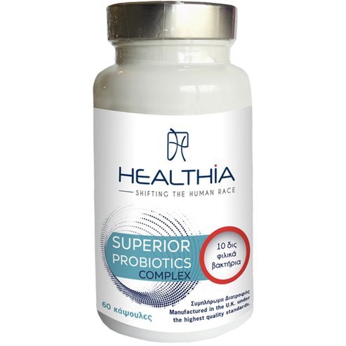 Healthia Superior Probiotic Complex Високоефективна пробиотична и пребиотична хранителна добавка за целенасочена подкрепа на чревния микробиом, допринасяща за нормалната функция на стомашно-чревната система 60caps