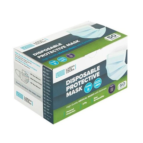 Disposable Protective Medical Face Mask Type II Хирургически маски за възрастни с каучук и чиния, произведени в Гърция 50 броя