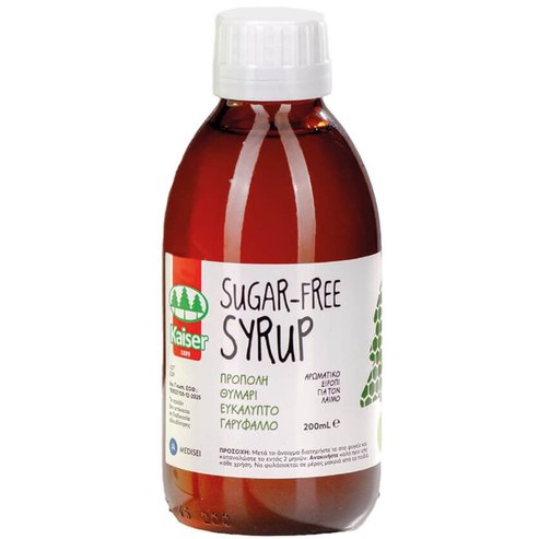 Kaiser Sugar Free Syrup Хранителна добавка под формата на сироп с билкови екстракти & прополис за укрепване на дихателната система & облекчаване на раздразненото гърло без захар 200ml