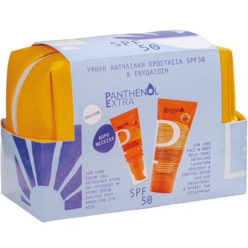 Panthenol Extra Promo Sun Care Color Spf50 Face Cream-Gel 20ml & Face & Body Spf50 Milk 100ml & Подарък несесер 1 брой