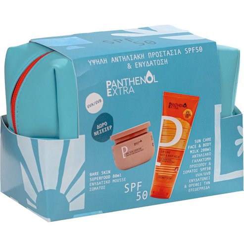 Panthenol Extra Promo Bare Skin Superfood Body Mousse 80ml & Sun Care Face & Body Spf50 Milk 200ml & Подарък Несесер 1 Брой
