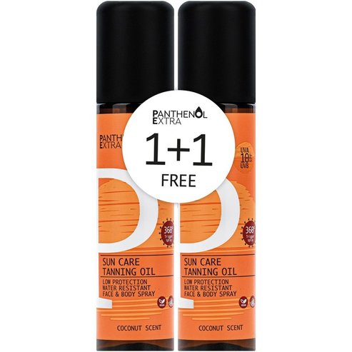 Panthenol Extra Promo Sun Care Tanning Oil Spf10 Слънцезащитно олио за тен за лице & тяло с ниска защита с помпа, 300ml (2x150ml)