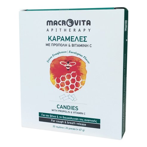 Macrovita Candies Бонбони за кашлица с прополис, витамин С и билкови екстракти, с вкус на евкалипт 47g