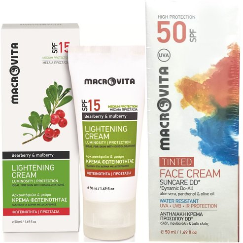 Macrovita Промо комплект​​​​​​​ Lightening Cream SPF15, 50ml & Подарък Suncare Face Cream Tinted SPF50, 50ml
