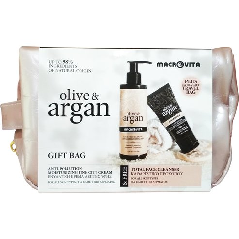 Macrovita Gift Bag Olive Argan Anti-Pollution Moisturizing Fine City Cream 50ml & Подарък Total Face Cleanser 200ml & Travel Bag