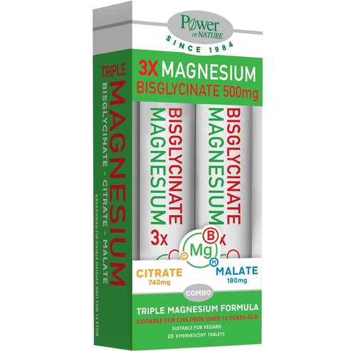 Power Health Promo 3x Magnesium Хранителна Добавка с Формула от 3 Форми на Магнезий за Електролитен Баланс, Нормално Функциониране на Мускулите, Нервната Система & Добро Психическо Състояние с Вкус Ревен - Лайм 40 Effer.tabs (2x20 Effer.tabs)
