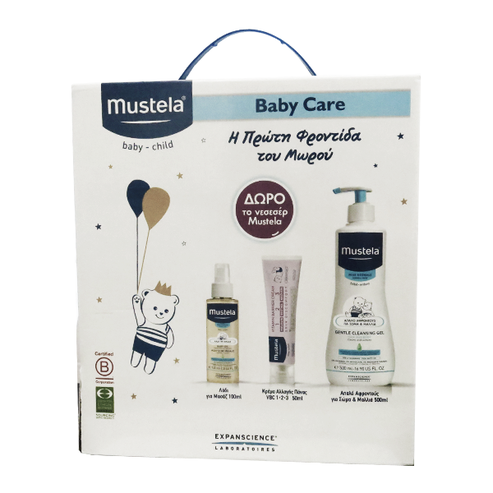 Mustela Baby Care Gentle Cleansing Gel Hair-Body 500 ml & Vitamin Barrier Cream 50 ml & Baby Massage Oil 100 ml & Подаръчна торб