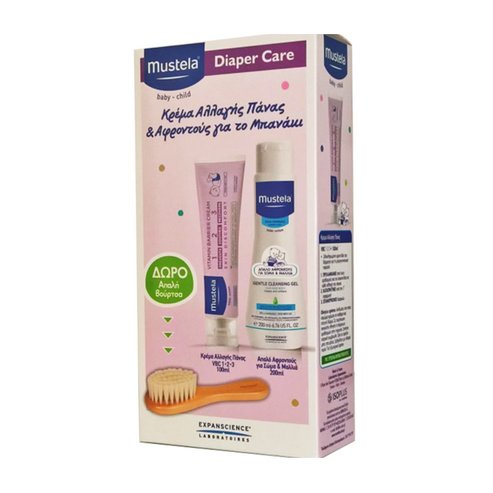 Mustela Diaper Care Promo Pack Крем за смяна на пелени 100ml & Gentle Cleansing Gel Нежни пяни 200ml & Четка за подарък 1Piece