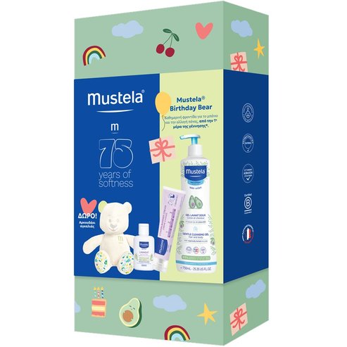 Mustela Promo Gentle Cleansing Gel for Hair & Body 750ml & 123 Vitamin Barrier Cream 50ml & Liniment Diaper Change Cleanser 50ml & Подарък плюшено мече за гушкане 1 брой & Подарък стикер за автомобил 1 брой