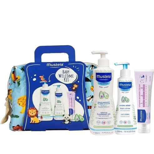 Mustela Promo Baby Welcome Kit Gentle Cleansing Gel for Hair, Body 500ml & Hydra Bebe Lait Corps Body Lotion 300ml & Barrier Cream 123 Vitamin 50ml & Подарък портмоне