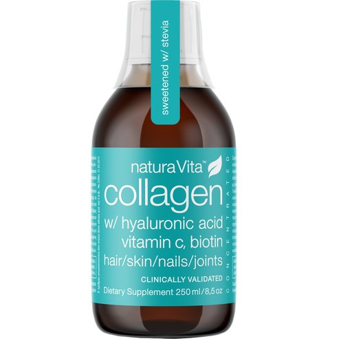 Natura Vita Collagen, Hyaluronic Acid, Vitamins & Minerals Хранителна добавка с колаген, хиалуронова киселина, витамини и минерали в течност за пиене за добро здраве на косата, кожата, ноктите и ставите с вкус на манго 250ml