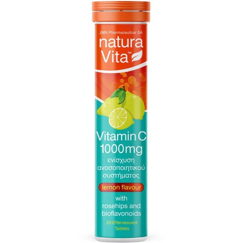 Natura Vita Vitamin C 1000mg Хранителна добавка с витамин C, екстракт от шипка и цитрусови биофлавоноиди за повишаване на имунитета с вкус на лимон 20 Effer.Tabs - Lemon