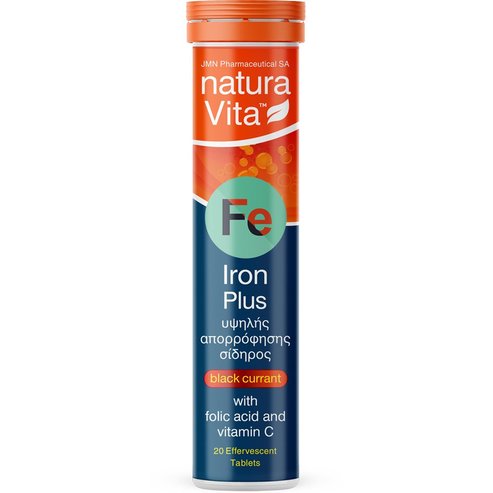 Natura Vita Iron Plus Високоусвоима хранителна добавка с желязо за лечение на железен дефицит срещу умора и отпадналост с вкус на касис 20 Effer.tabs