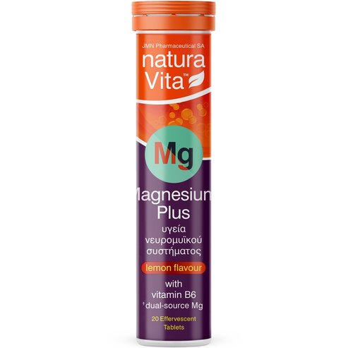 Natura Vita Magnesium Plus Хранителна добавка с магнезий и витамин B6 за добро здраве на нервната система и мускулите с вкус на лимон 20 Effer.tabs