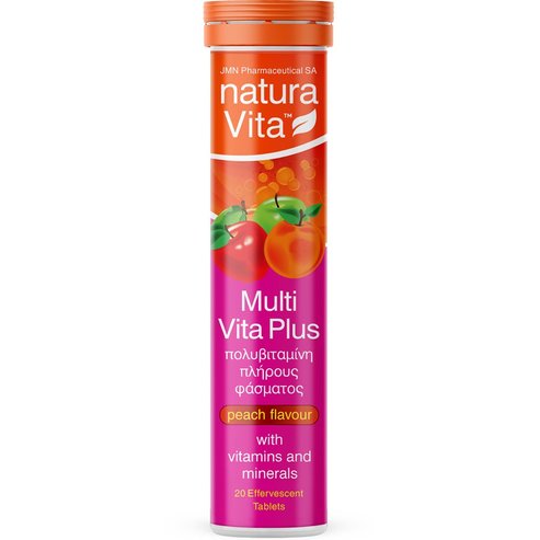 Natura Vita Multi Vita Високоефективна мултивитаминна и минерална хранителна добавка за енергия, стимулация и покриване на хранителни дефицити с вкус на праскова 20 Effer.tabs