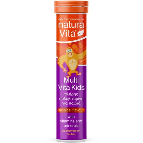 Natura Vita Multi Vita Kids Мултивитамини и минерална хранителна добавка за деца над 3 години. Висока концентрация за енергия, стимулация и покриване на хранителни дефицити с вкус на тропически плодове 20 Effer.tabs