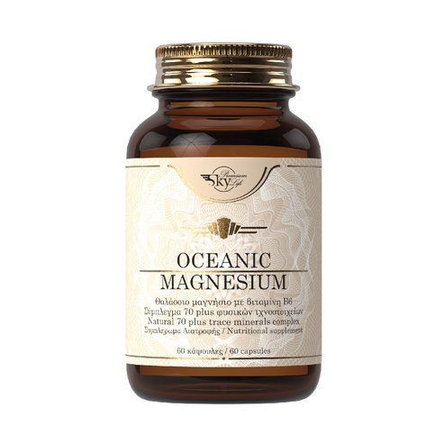 Sky Premium Life Oceanic Magnesium Хранителна добавка, морски магнезий с комплекс от 70 микроелемента и витамин В6, 60 капсули