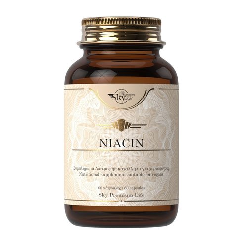 Sky Premium Life Niacin Ниацинова хранителна добавка за енергия, намаляване на умората и добро психологическо настроение 60Caps