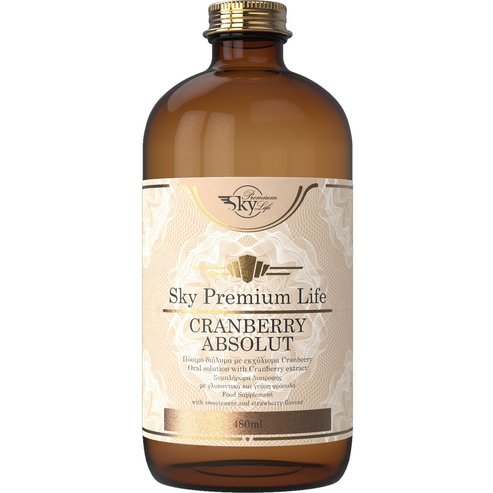 Sky Premium Life Cranberry Absolut Oral Solution Хранителна добавка с екстракт от червена боровинка за антиоксидантна защита, профилактика & справяне с инфекции на пикочните пътища в питейна течност с вкус на ягода 480ml