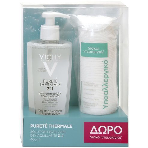 Vichy Промо комплект Purete Thermal Solution Micellaire 3 in 1 Почистваща вода за лице и очи 3 в 1 & Подарък Почистващи тампони