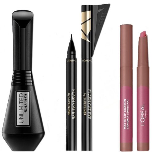 L\'oreal Paris Make It Last Make up Set Unlimited Mascara Black 7.4ml, Superliner Flash Cat Eye Black & Matte Lip Crayon 1.3gr