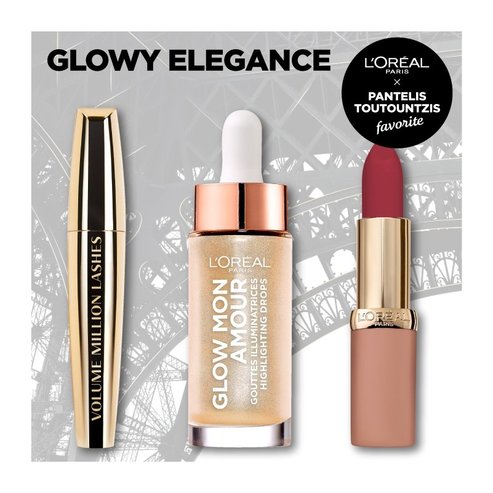 L\'oreal Paris Glowy Elegance Make up Set Glow Mon Amour 15ml, Volume Million Lashes Mascara 10.7ml,Color Riche Ultra Matte 4.2gr