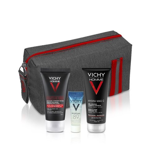 Vichy PROMO PACK Homme Structure Force 50ml & подарък Hydra Mag C Gel Douche 100ml,Mineral 89 4ml&Сиво -червени тоалетни принадл