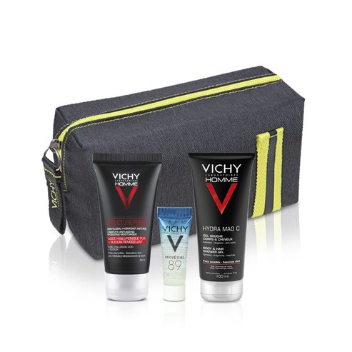 Vichy PROMO PACK Homme Structure Force 50ml&подарък Hydra Mag C Gel Douche 100ml,Mineral 89 4ml& Сиво -жълти тоалетни принадлежн